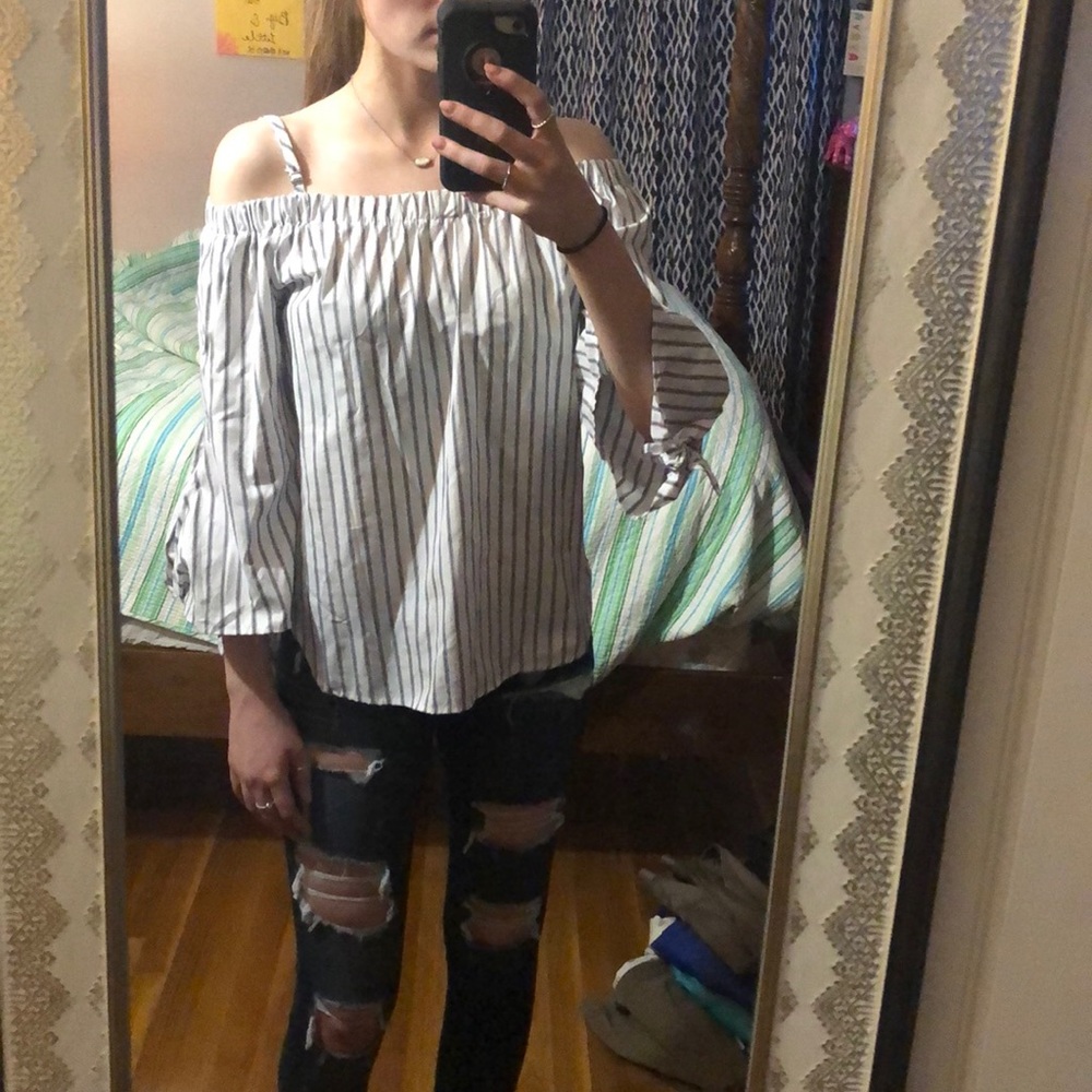 grey and white striped off the shoulder top